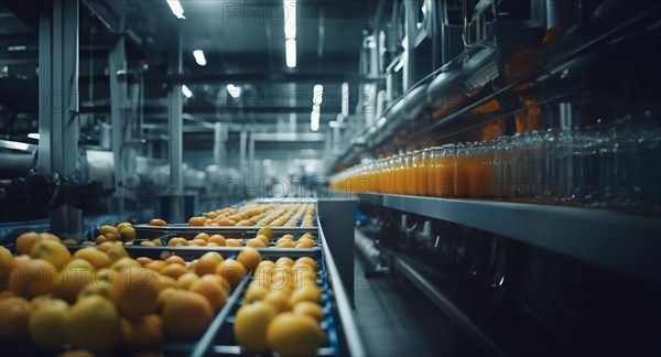 Production of juice from fruits and berries at the factory, conveyor with bottles of juice, AI generated
