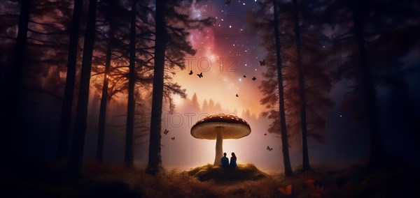 Couple resting in the forest under mushrooms, the concept of a fly agaric psilocybin trip, AI generated