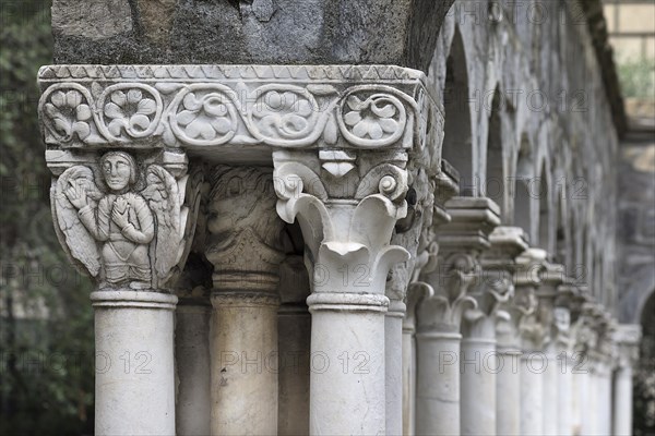 Detailed view of the columns of the restored cloister of Sant'Andrea 12th century, Via di Porta Soprana 12, Genoa, Italy, Europe