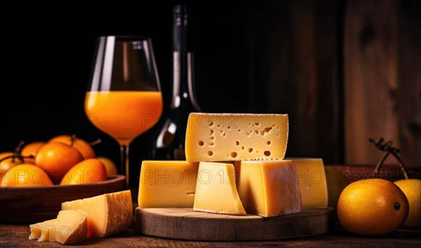 Varieties of cheese on a wooden board with glasses of wine and orange juice, accompanied by fresh fruit AI generated