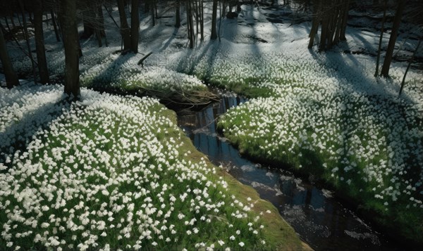 A vast carpet of snowdrops beside a river through a sunlit forest AI generated
