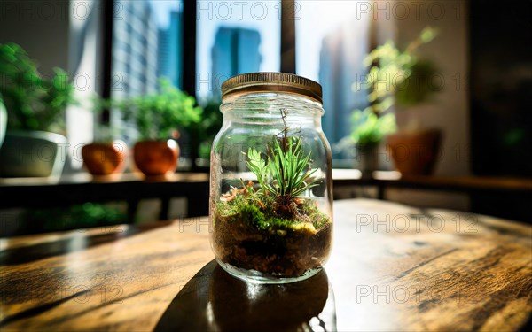 Bottle garden, mini biotope, eco system in a glass jar in a city flat, AI generated, room, windowsill, plants, screw-top jar, gardening, herbs, green, sunlight