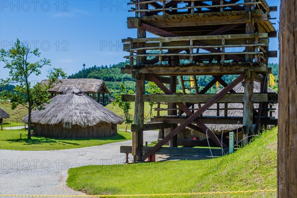 Buyeo, South Korea, July 7, 2018: Large wooden guard tower in traditional Korean village in public park at at Neungsa Baekje Temple. For editorial use only, Asia