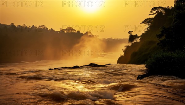 Sunset over a powerful Inga waterfall in the democratic republic of Congo with mist rising and the sky painted in warm hues, AI generated