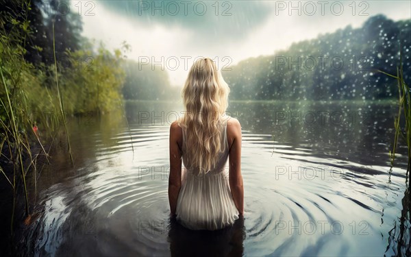 Suicidal thoughts, a young depressive woman with suicidal intent stands in the water by a lake in the rain, AI generated, AI generated