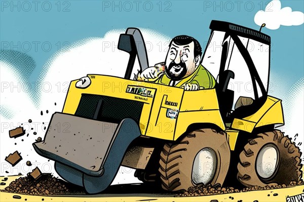 An amusing cartoon illustration of a man operating a tractor with a humorous expression on his face ai generated, AI generated