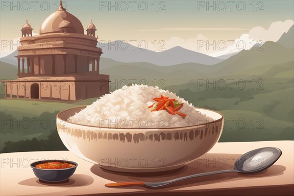 A Bowl Filled With steaming Rice, sauce and a spoon, on a wooden rustic table on a terrace facing scenic asian panorama ai generated, AI generated