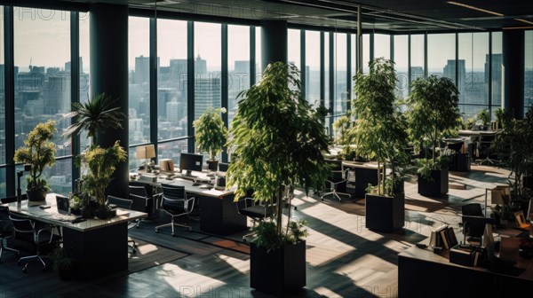 Modern office interior with computers and green plants. Blurred background AI generated