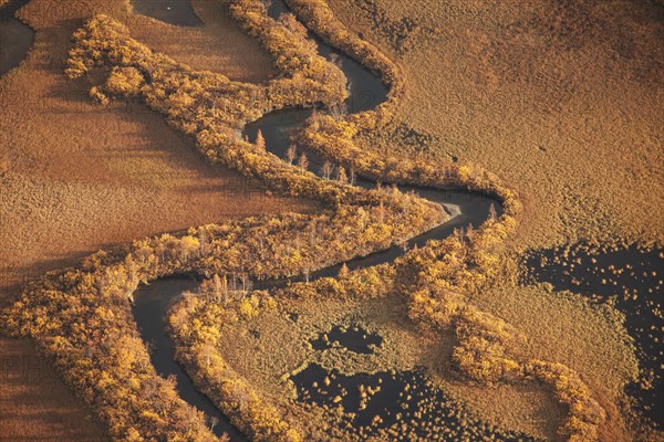 In Sarek National Park, Sweden. The Rapaaelv river delta in autumn. View from Skierfe mountain