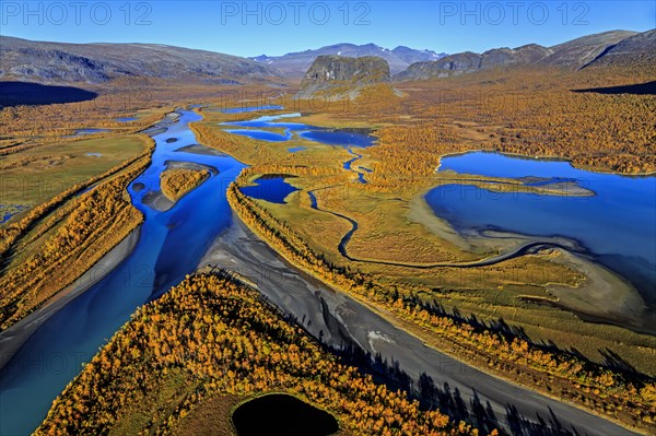 Aerial view of river delta with mountains in autumn, Rapadalen and Nammatj, Laponia, Lapland, Sweden, Europe