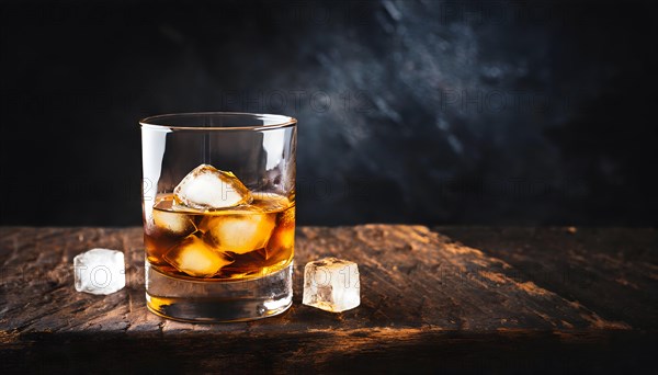 Whiskey with rocks or ice cubes in a glass with ice in a dark wooden background. AI Generated, AI generated