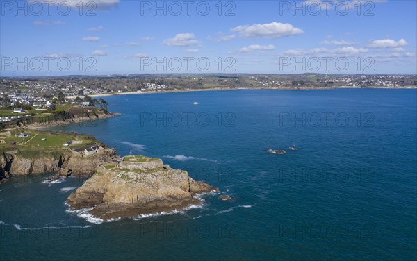 Aerial view of Fort de Bertheaume on a rock off the coast in Plougonvelin on the Atlantic coast at the mouth of the Bay of Brest, Finistere Penn ar Bed department, Brittany Breizh region, France, Europe