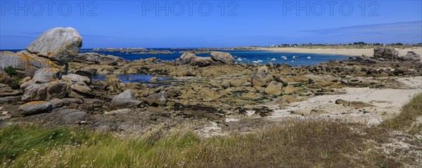 Granite rock formations on the beach of the English Channel near the village of Meneham, Menez Ham, Kerlouan, Finistere Penn ar Bed department, Brittany Breizh region, France, Europe