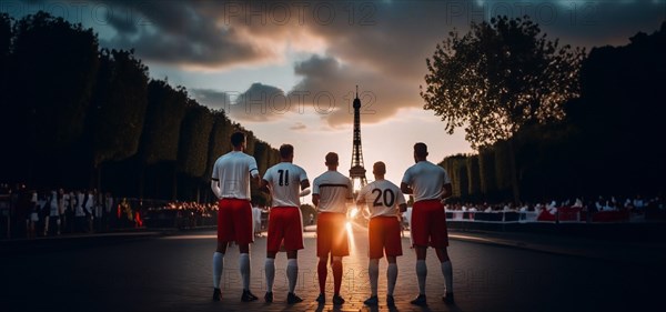 Sports National team of players in Paris at the Olympic Games 2024. Athletes at the Eiffel Tower, AI generated