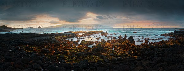 Panoramic coastal view of the town of Madalena at sunset with rocky volcanic and the island of Faial in the distance, Madalena, Pico, Azores, Portugal, Europe