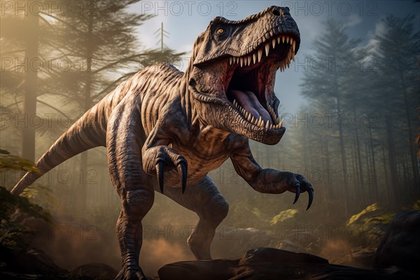 Tyrannosaur rex roaring in a prehistoric forest with lush vegetation, ferns and sunlight, AI generated