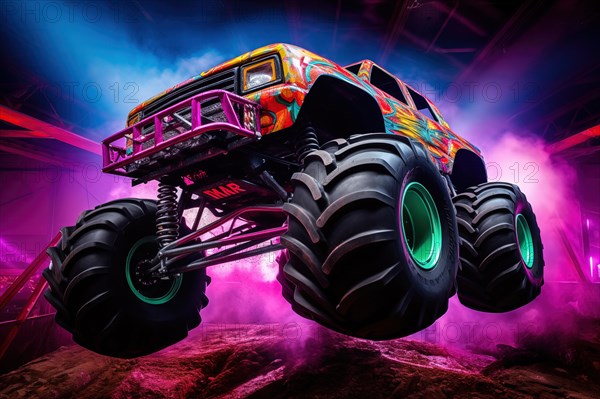 Monster truck with neon lighting, jumping off-road in cloud of dust. Excitement and thrill of an extreme sport, AI generated