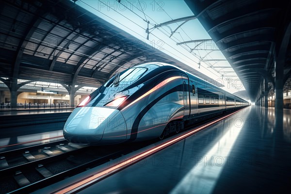 Modern high speed train in a futuristic train station. Modern transportation technology, speed, travel concepts. Railroad with motion blur effect, AI generated