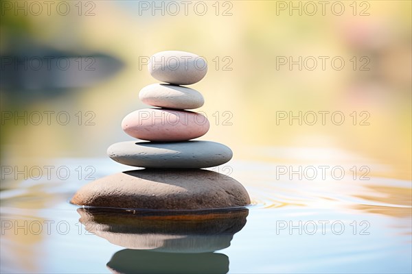 Stack of zen stones on water with a nature background. The image conveys a sense of balance, harmony, and peace. Suitable for use in wellness, therapy, and relaxation concepts Stack of zen stones on water with a nature background. Suitable for use in wellness, therapy, and relaxation concepts, AI generated