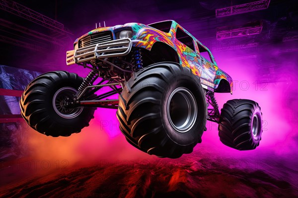 Monster truck with neon lighting, jumping off-road in cloud of dust. Excitement and thrill of an extreme sport, AI generated