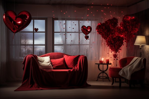 A cozy living room adorned with Valentine's Day decorations, featuring pink balloons, a bouquet of roses, and candlelight creating a romantic ambiance, AI generated
