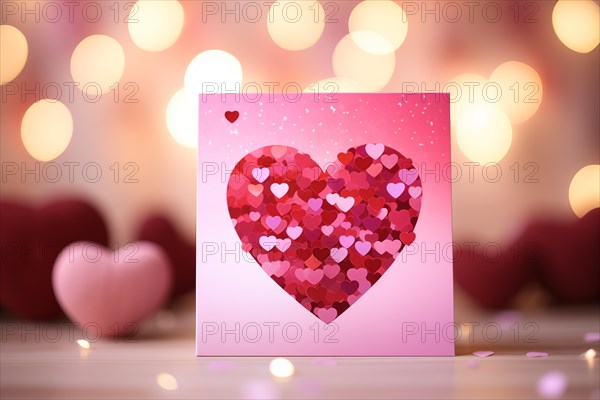 A beautiful postcard featuring a sparkling heart, perfect for sending a romantic message on Valentine's Day on table with bokeh background, AI generated