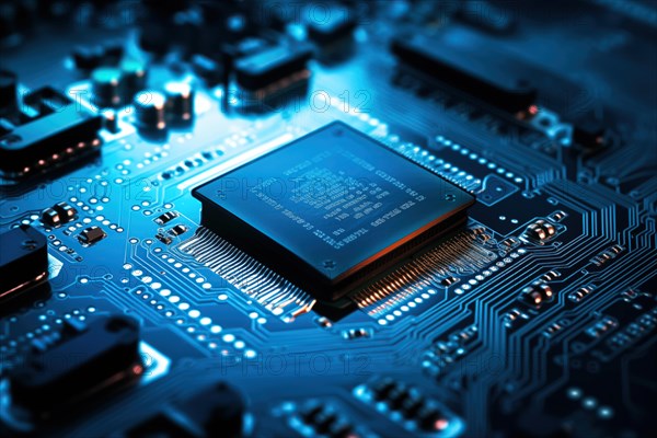 Close-up image of a blue circuit board with a central microchip processor CPU with various electronic components and connections. Technology, computer hardware, and manufacturing industries, AI generated