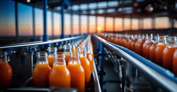 Production of juice from fruits and berries at the factory, conveyor with bottles of juice, AI generated