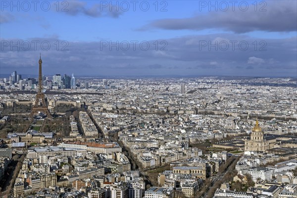 View of the Eiffel Tower and Invalides Dome from the Tour Montparnasse, Dome des Invalides, Paris, France, Europe