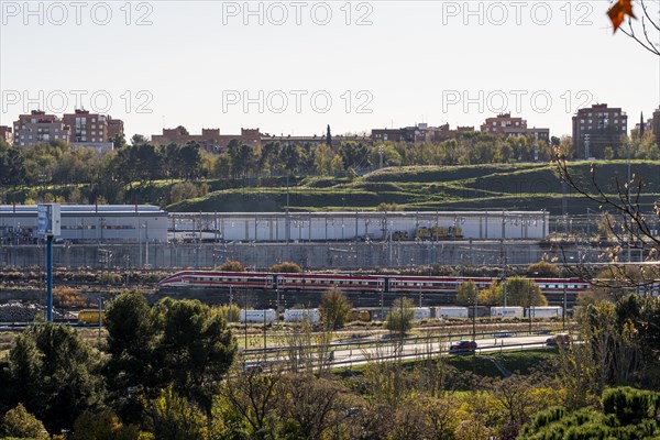 Elevated view of the urban landscape with railway tracks in the south of Madrid, the Spanish capital