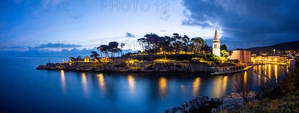 St. Anthony's Church and harbour, blue hour at dawn, panoramic view, Veli Losinj, Kvarner Bay, Croatia, Europe