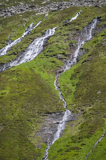 Waterfalls on a green mountainside, Berliner Hoehenweg, Zillertal Alps, Tyrol, Austria, Europe