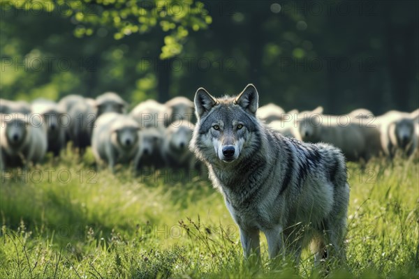 A gray wolf (Canis lupus) stands in a meadow, alert and calm in front of a flock of sheep with a forest in the background, AI generated, AI generated