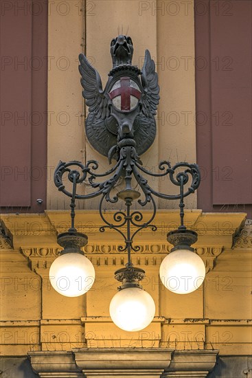 Historic sconce with the coat of arms of Genoa, Mazzini Galleries shopping centre, built in 1872, Genoa, Italy, Europe