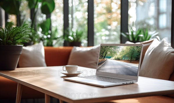 A laptop on a wooden table with a coffee cup, surrounded by indoor plants by a window AI generated