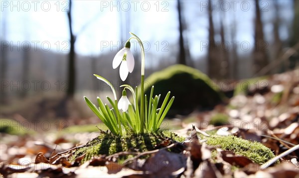 A single snowdrop stands tall in the soft sunlight on the forest floor AI generated