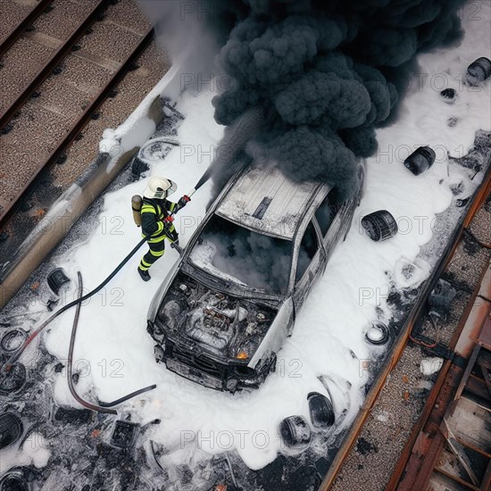 A firefighter in full gear uses a hose with chemical white foam to extinguish flames engulfing hybrid electric petrol vehicle car amidst a urban landscape, with emergency response evident, ai generated, AI generated
