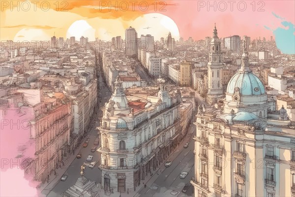 Painting of a Vibrant Cityscape With Numerous Buildings and Urban Landscape in Buenos Aires Argentina ai generated, AI generated