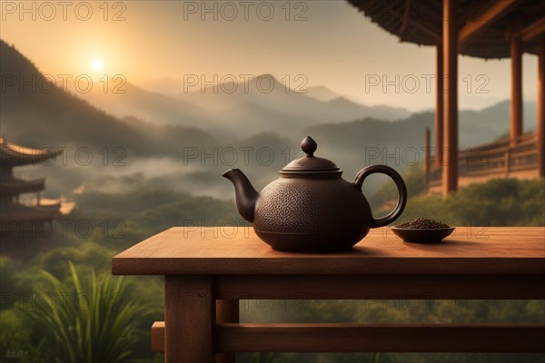 A peaceful sunrise with a teapot on a railing overlooking misty mountains, AI generated