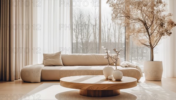 A well-lit modern living room with beige tones and elegant furniture, modern sofa and round coffee table, AI generated