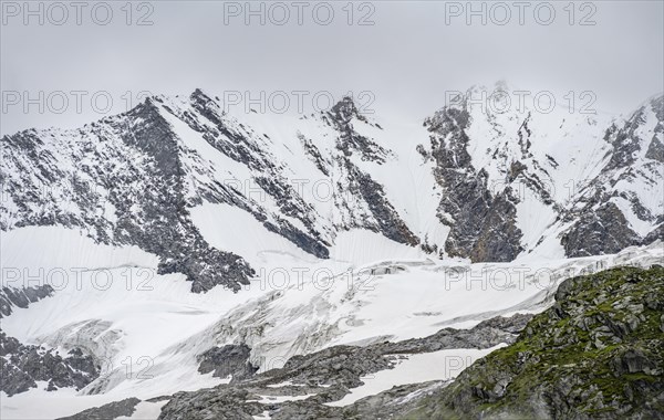 Glaciated mountain peaks, Hochfeiler with Schlegeiskees glacier, Berliner Hoehenweg, Zillertal, Tyrol, Austria, Europe