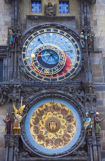 Famous medieval astronomical clock attached to the Old Town Hall Tower. Built in 1410, is the oldest clock in the world still in operation, in Prague, Czech Republic, Europe