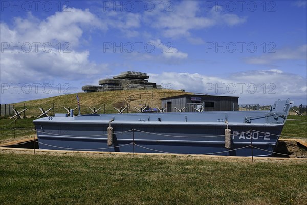 Musee Memoires 39-45, bunker and landing craft from the 2nd World War near the Pointe Saint-Mathieu, Plougonvelin, Finistere department, Brittany region, France, Europe