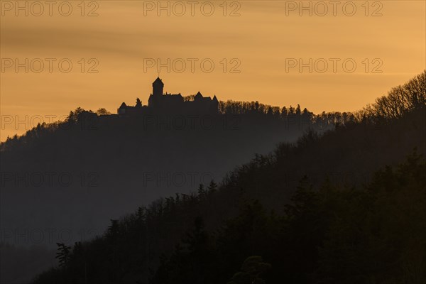 Silhouette of the Haut Koenigsbourg on the top of a mountain. Bas-Rhin, Alsace, Grand Est, France, Europe