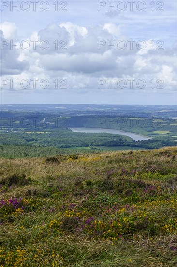 View of the river Aulne and the Pont de Terenez bridge from the summit of the 329 metre high Menez Hom mountain, Finistere department, Brittany region, France, Europe