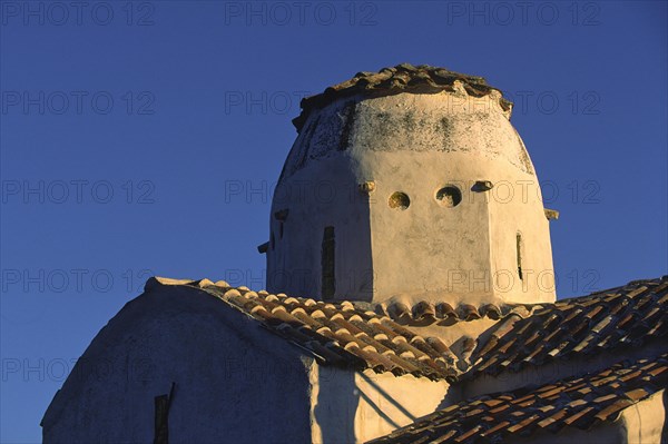Scan, Old church tower in warm evening light with classic Mediterranean design, Aradena Gorge, Aradena, Sfakia, Crete, Greece, Europe