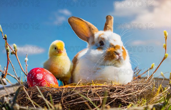 Easter, the Easter bunny and a chick sit in an Easter nest with colourful Easter eggs, AI generated, AI generated
