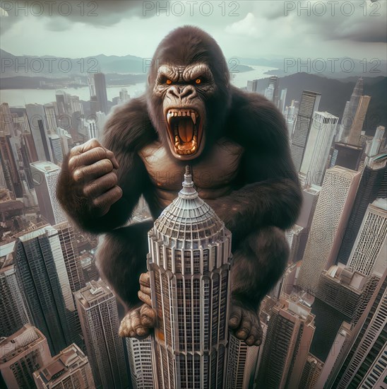 The fictional giant ape King Kong sits on a skyscraper in New York and threatens with bared teeth and a fist, AI generated, AI generated