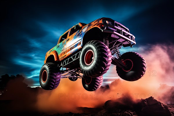 Monster truck driving and jumping outdoors amidst a cloud of dust. Thrill and adrenaline of an outdoor racing event on off-road terrain in night, AI generated