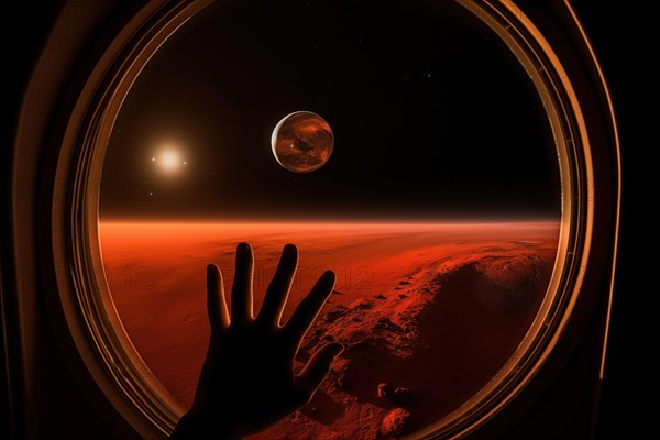 Mars landscape seen through spaceship window illuminator with astronaut hand touching the glass. Concept of extraterrestrial journey space exploration, conveys sense of otherworldly beauty and wonder, AI generated